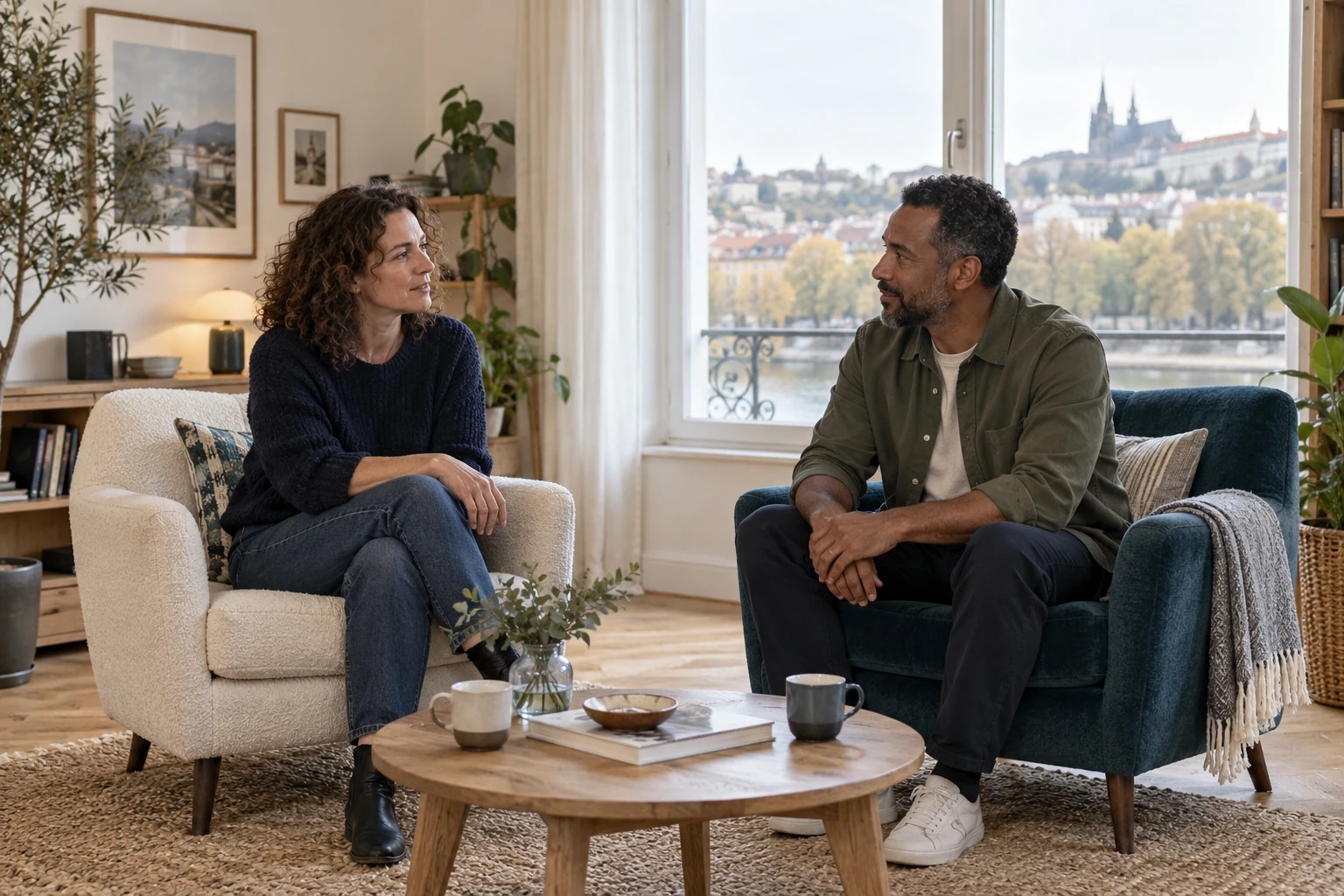 Zwei Erwachsene unterhalten sich in Sesseln am Fenster.
