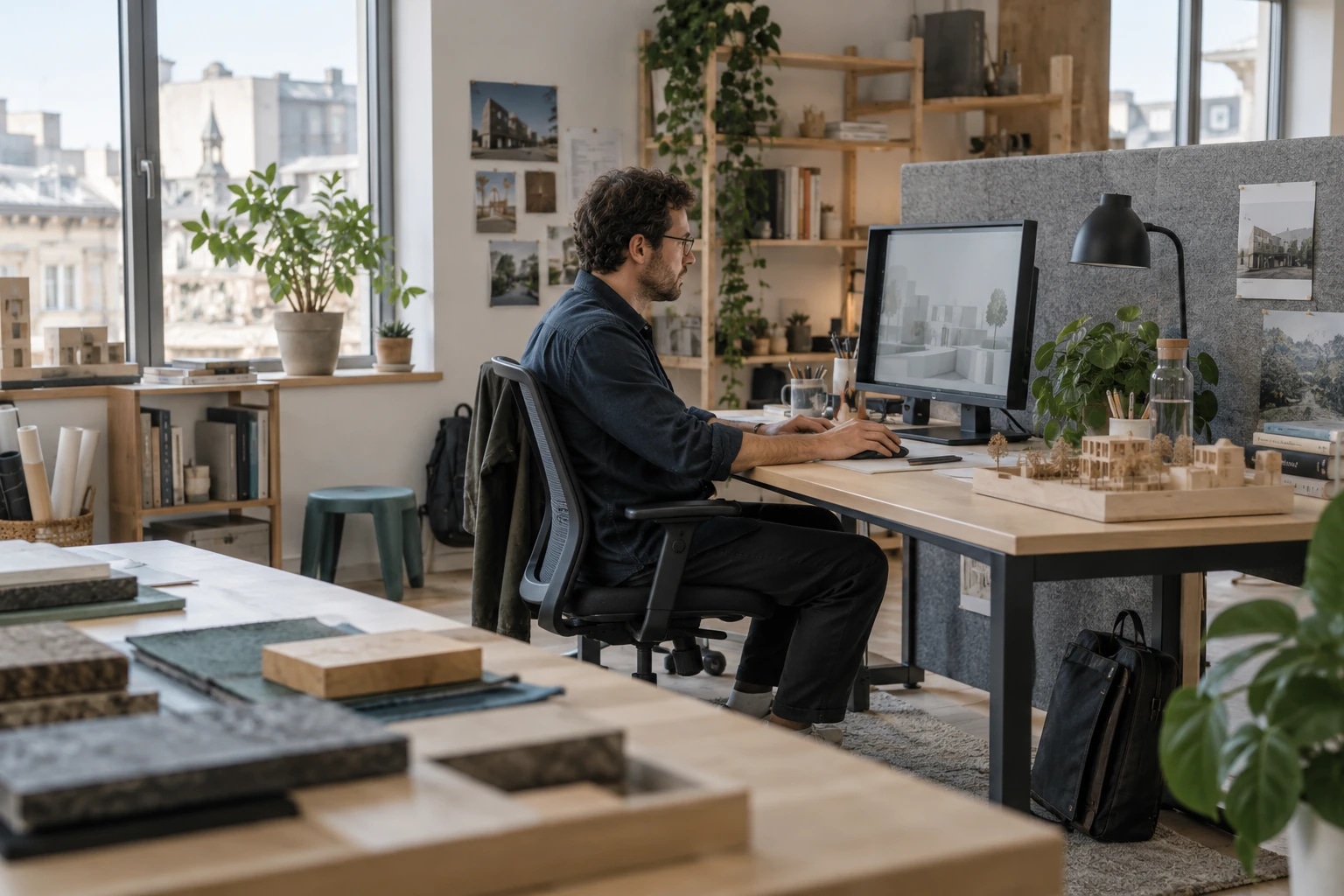 Ein Erwachsener arbeitet an seinem Schreibtisch in einem Architekturbüro.