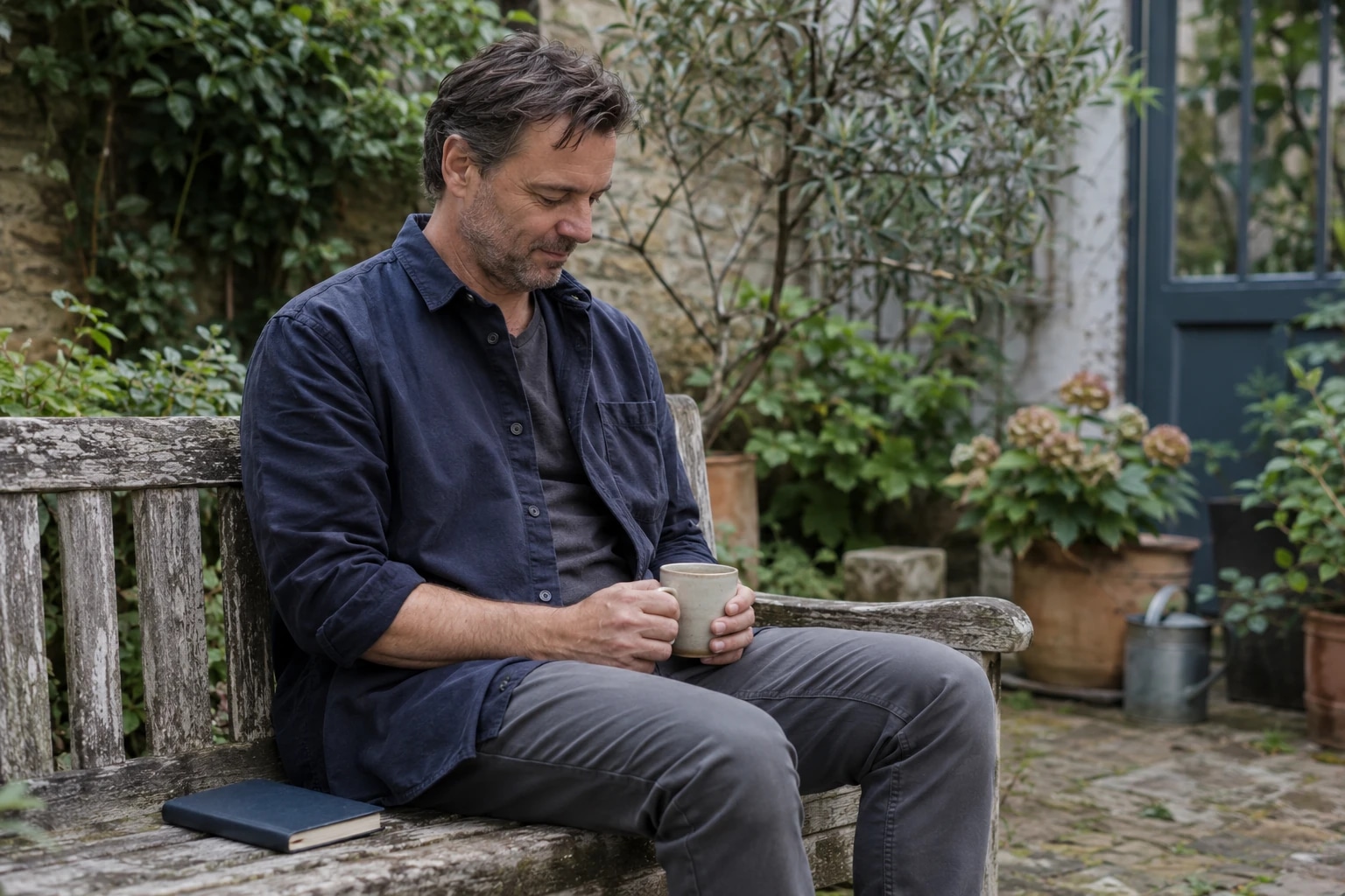 Ein Erwachsener macht mit einer Tasse eine Pause im begrünten Innenhof.